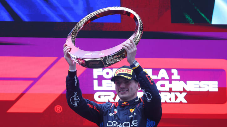 Race winner Max Verstappen of the Netherlands and Oracle Red Bull Racing celebrates on the podium during the F1 Grand Prix of China at Shanghai International Circuit on April 21, 2024 in Shanghai, China. 
