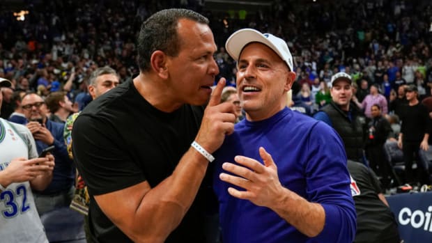 Alex Rodriguez and Marc Lore after the Timberwolves’ 109–104 win over the Clippers in a play-in game on April 12, 2022.