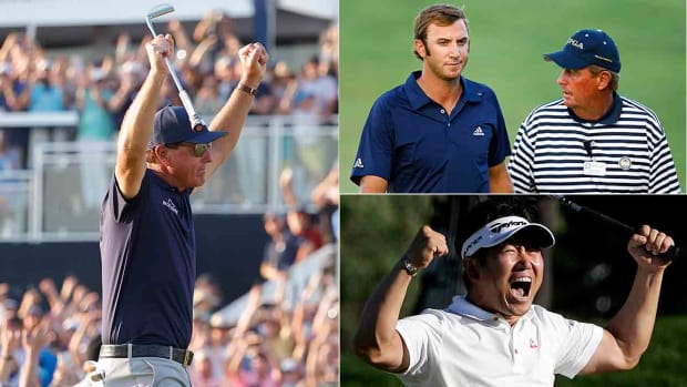 Phil Mickelson (left) wins 2021 PGA Championship, Dustin Johnson (top right) walks alongside a PGA official at the 2010 PGA Championship and Y.E. Yang exalts after winning in 2009.